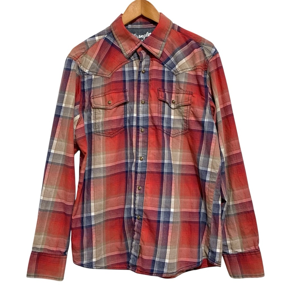 Wrangler Pearl Snap Button-Up Long Sleeve Retro Red Blue Plaid Shirt Size Large